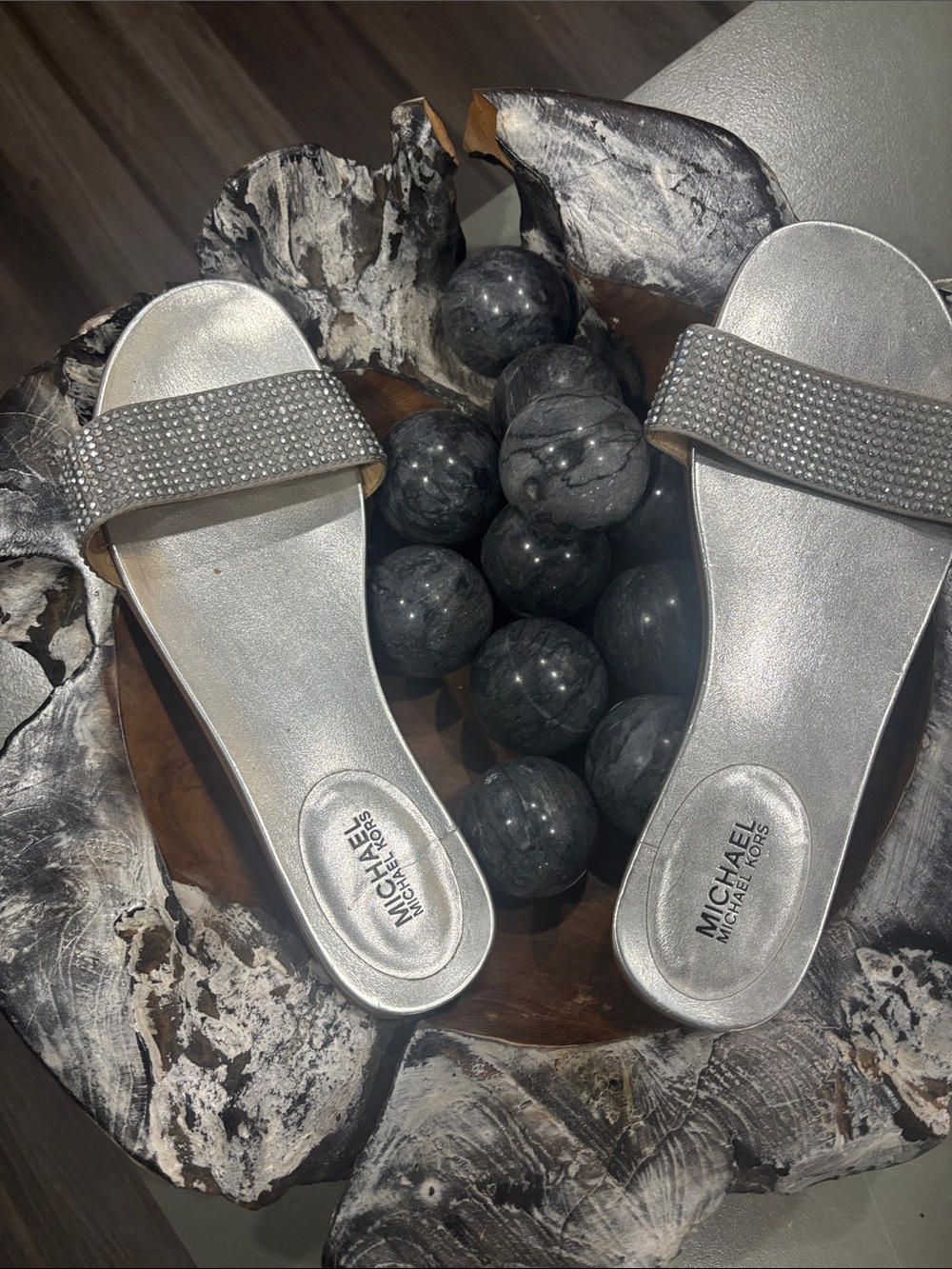 Michael Kors Silver Crystal-Embellished Slide Sandals